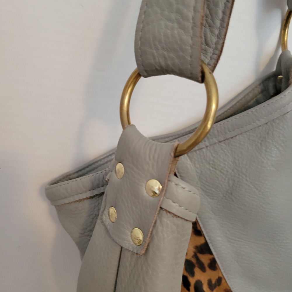 Romag Grey Pebbled Leather Leopard Calf Hair Hobo Bag Gold Hardware - Picture 5 of 16